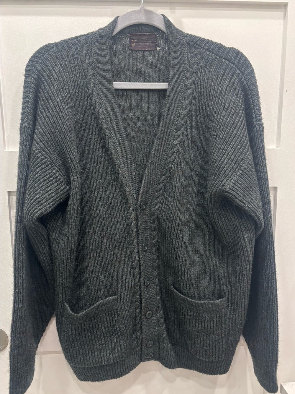Men's Dark Gray Ribbed 100% Alpaca Cable-Trim Cardigan Sweater